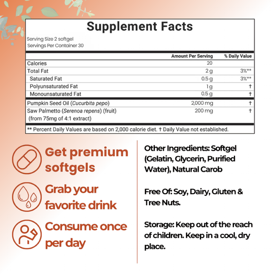 Pumpkin Seed Oil with Saw Palmetto 180 Softgels| 3000 Mg Herbal Supplement